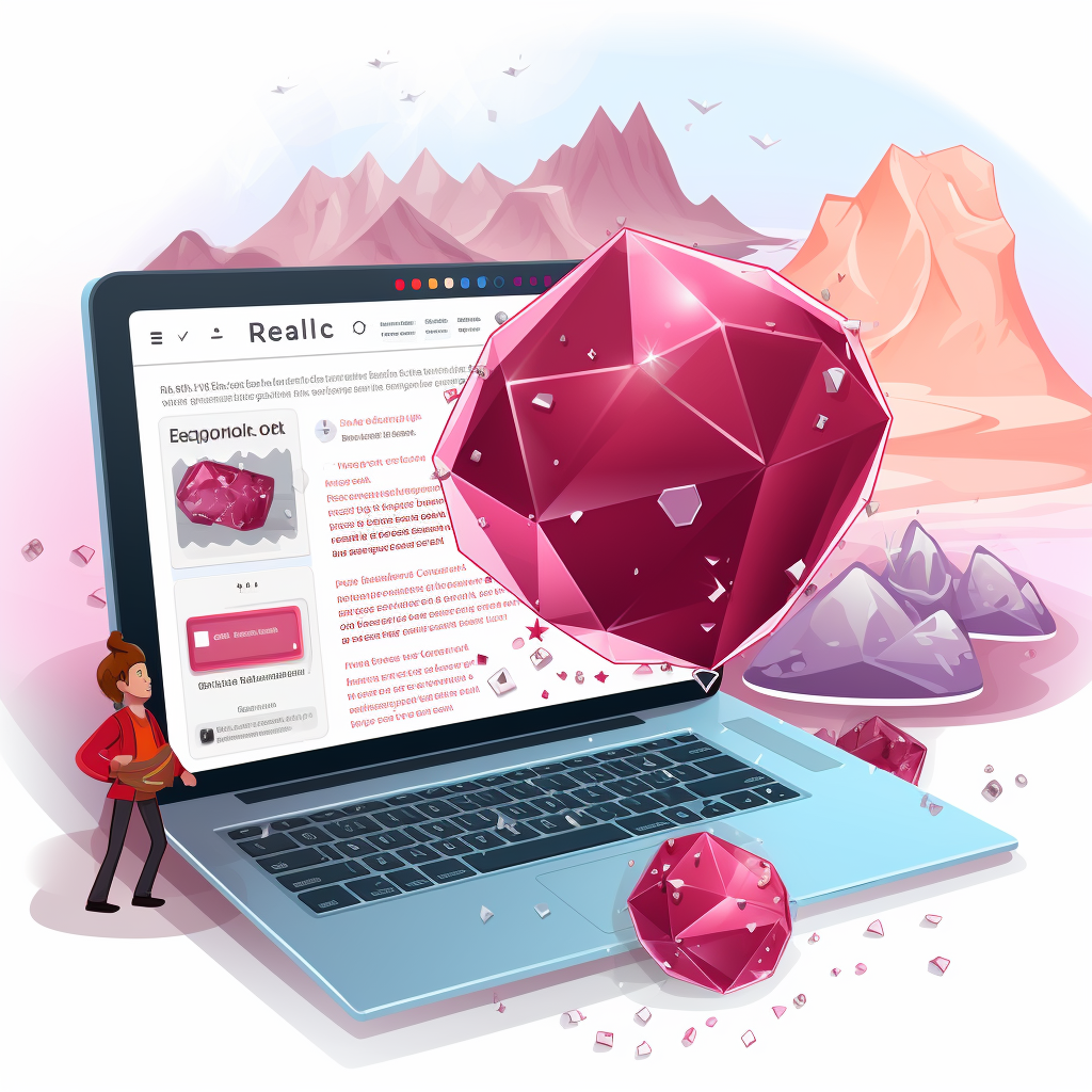 A little cartoon man standing beside a huge laptop that is in a crystalline desert filled with rubies