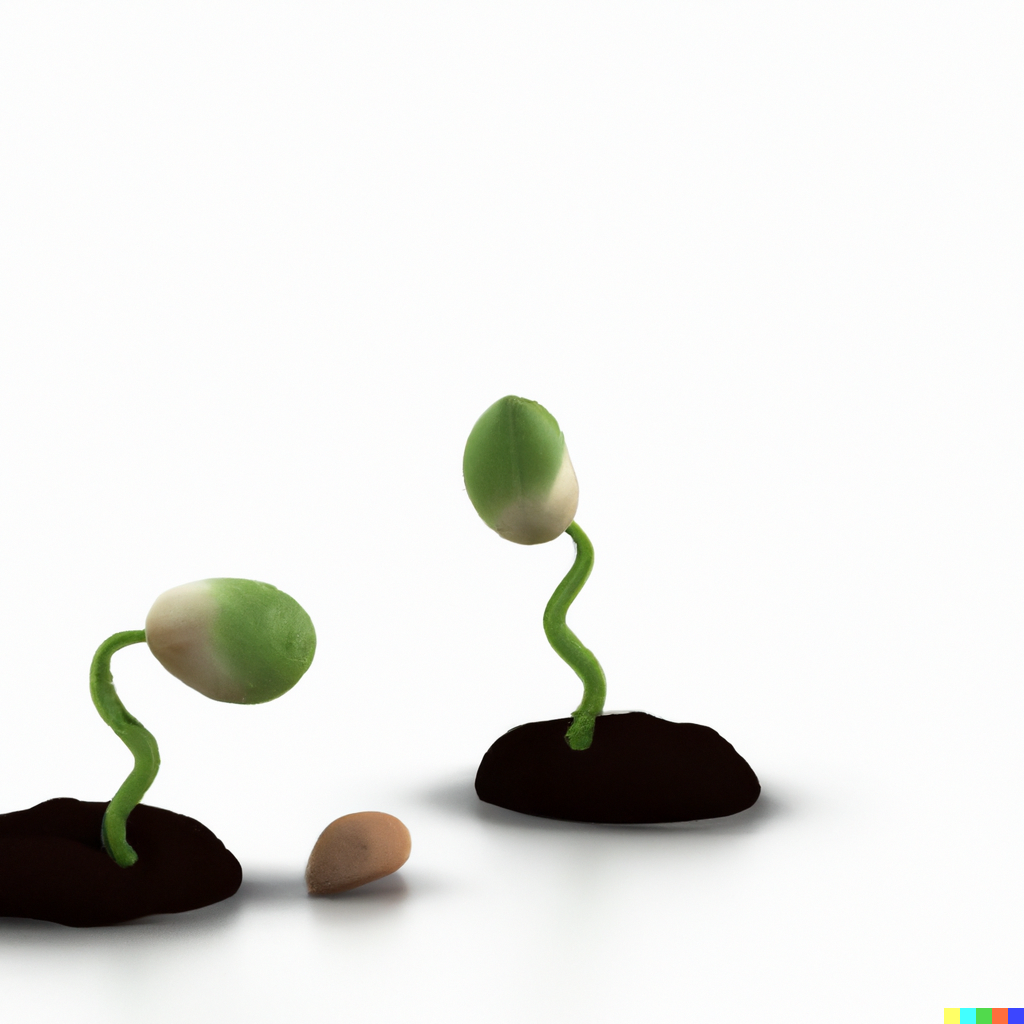 A 3d render of two seeds sprouting from some soil