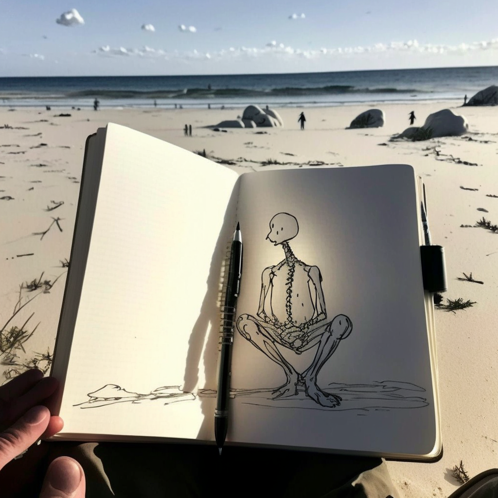 picture of person sitting on a beach with a doodle of a lanky skeleton they just drew